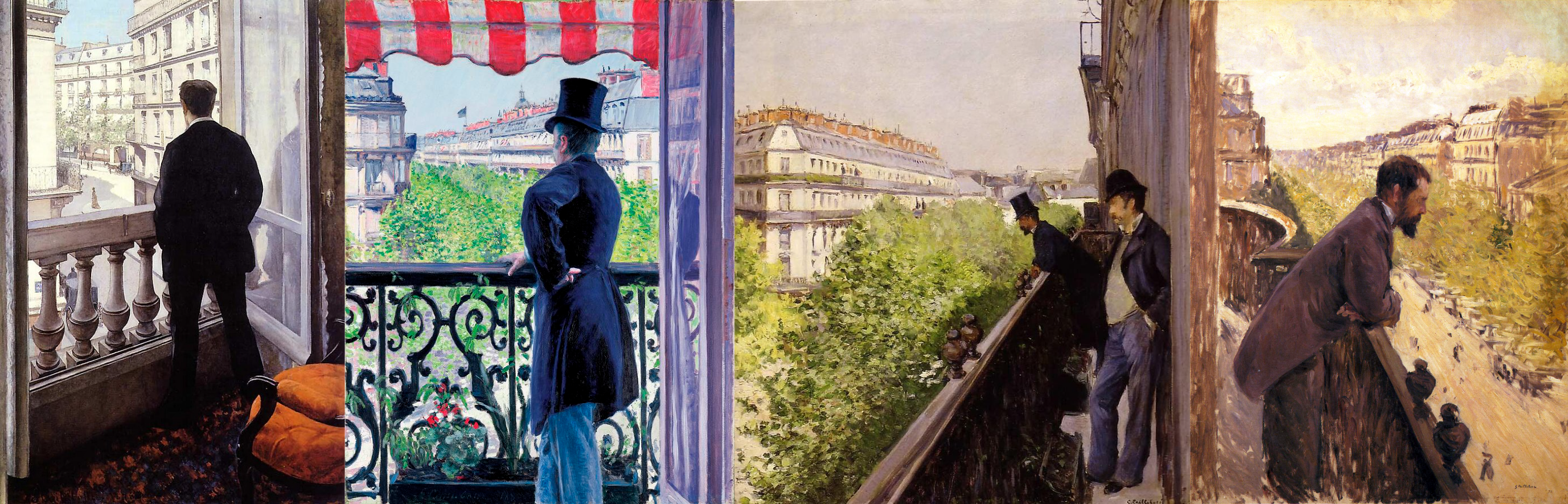 Proto-decupajul cinematografic al lui Caillebotte. De la stânga la dreapta: „Jeune homme à sa fenêtre”, „L’homme au balcon, Boulevard Haussmann”, „Un balcon, „L’homme au balcon”